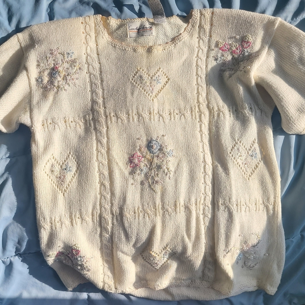 Vintage embroidered with pearl beadwork cottagecore short sleeved sweater.